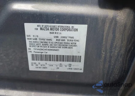 2010 Mazda Mazda6 I Touring from USA, damaged, VIN 1YVHZ8CH7A5M29451